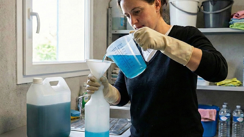 Doseur gradué rempli de produit de nettoyage concentré bleu