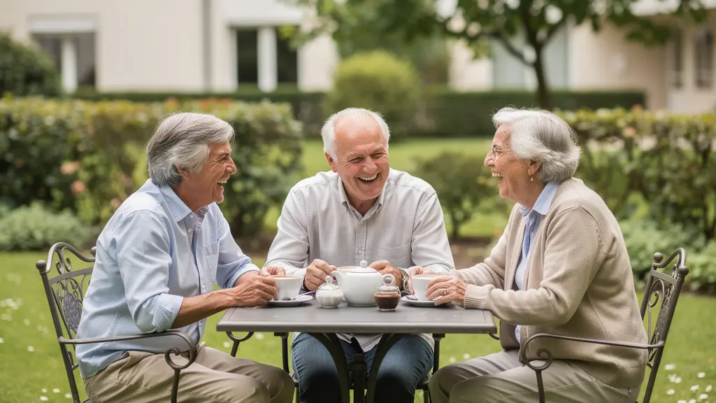 Groupe de seniors discutant autour d'un café dans jardin de résidence
