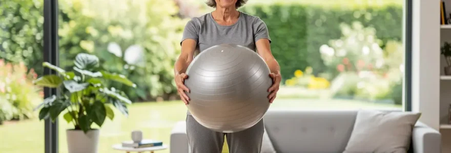 Femme senior pratiquant exercices d'équilibre en résidence services Bretagne