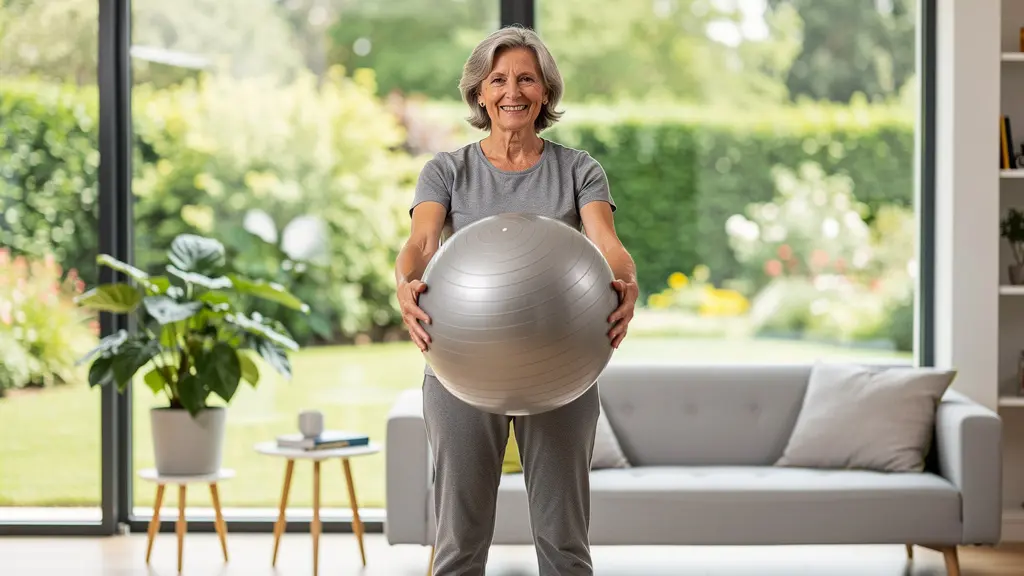 Femme senior pratiquant exercices d'équilibre en résidence services Bretagne